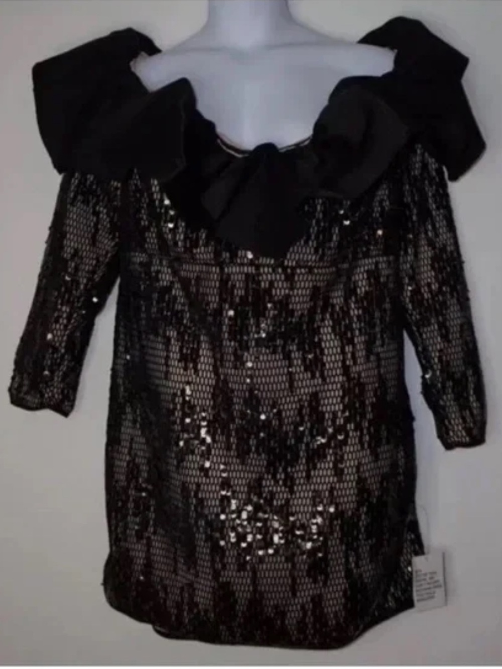 ASOS LUXE Curve Sequin Lace Ruffle Mini Dress Size: 22 Black & Nude New Bardot